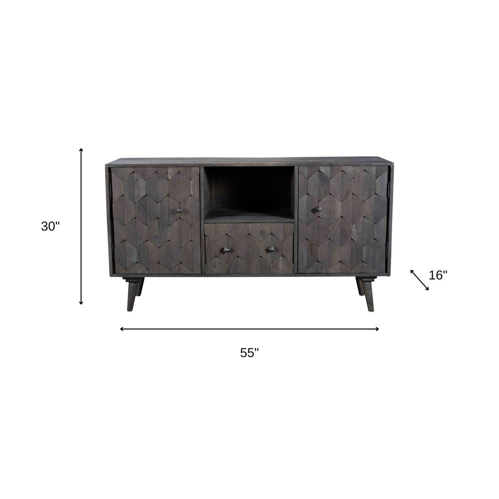 Dark Gray Carved Geometric Distressed Solid Wood Enclosed and Open Storage TV Stand