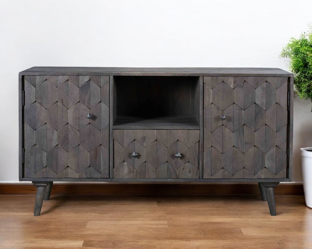 Dark Gray Carved Geometric Distressed Solid Wood Enclosed and Open Storage TV Stand
