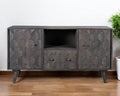 Dark Gray Carved Geometric Distressed Solid Wood Enclosed and Open Storage TV Stand
