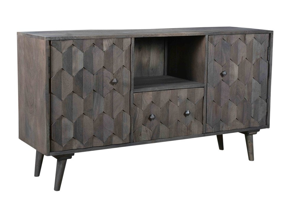 Dark Gray Carved Geometric Distressed Solid Wood Enclosed and Open Storage TV Stand