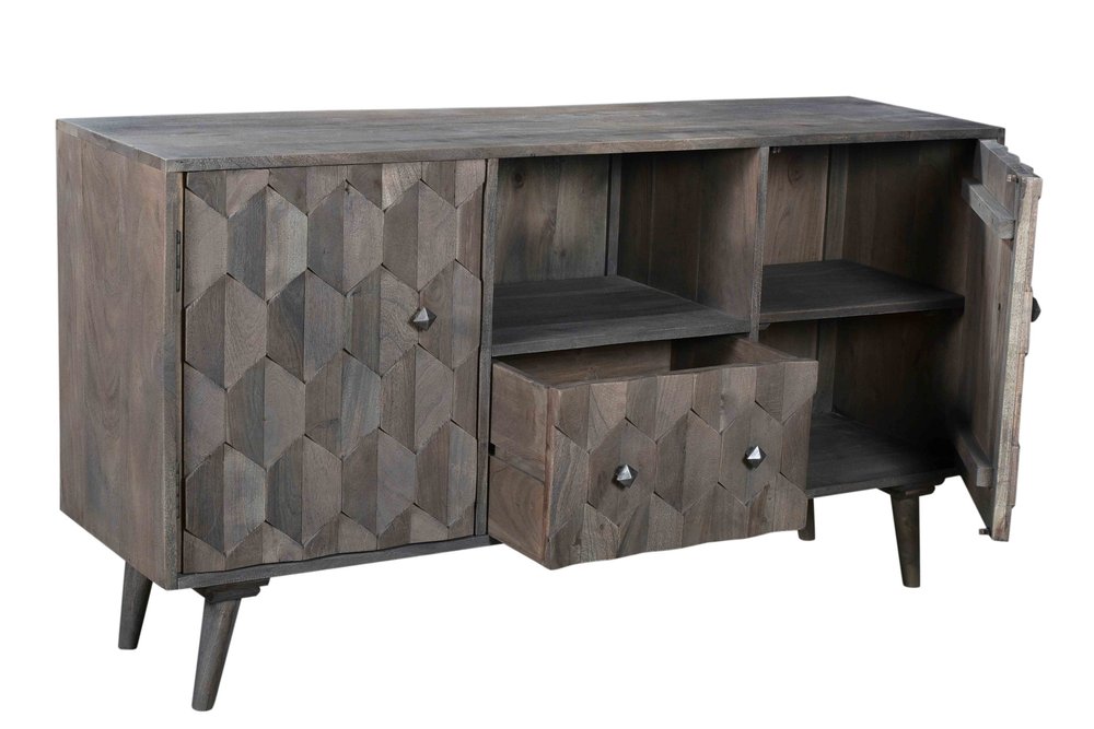 Dark Gray Carved Geometric Distressed Solid Wood Enclosed and Open Storage TV Stand