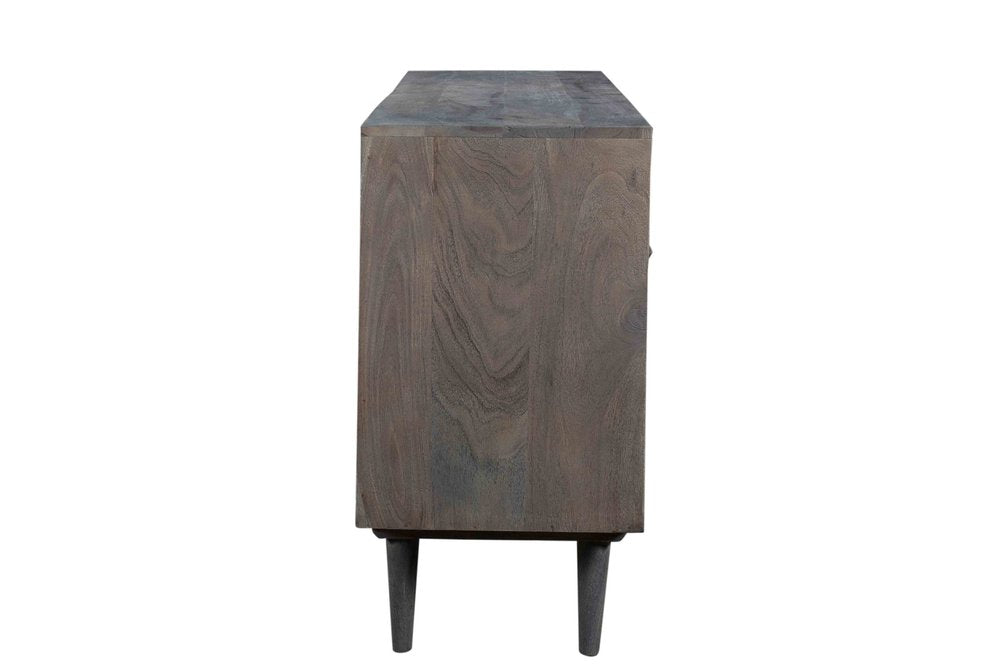 Dark Gray Carved Geometric Distressed Solid Wood Enclosed and Open Storage TV Stand