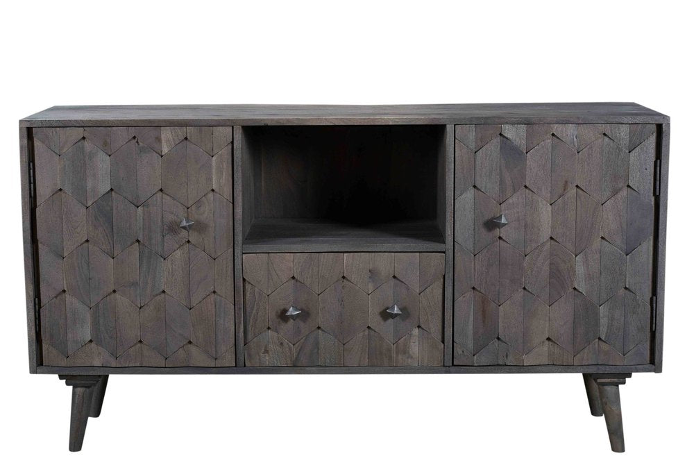 Dark Gray Carved Geometric Distressed Solid Wood Enclosed and Open Storage TV Stand