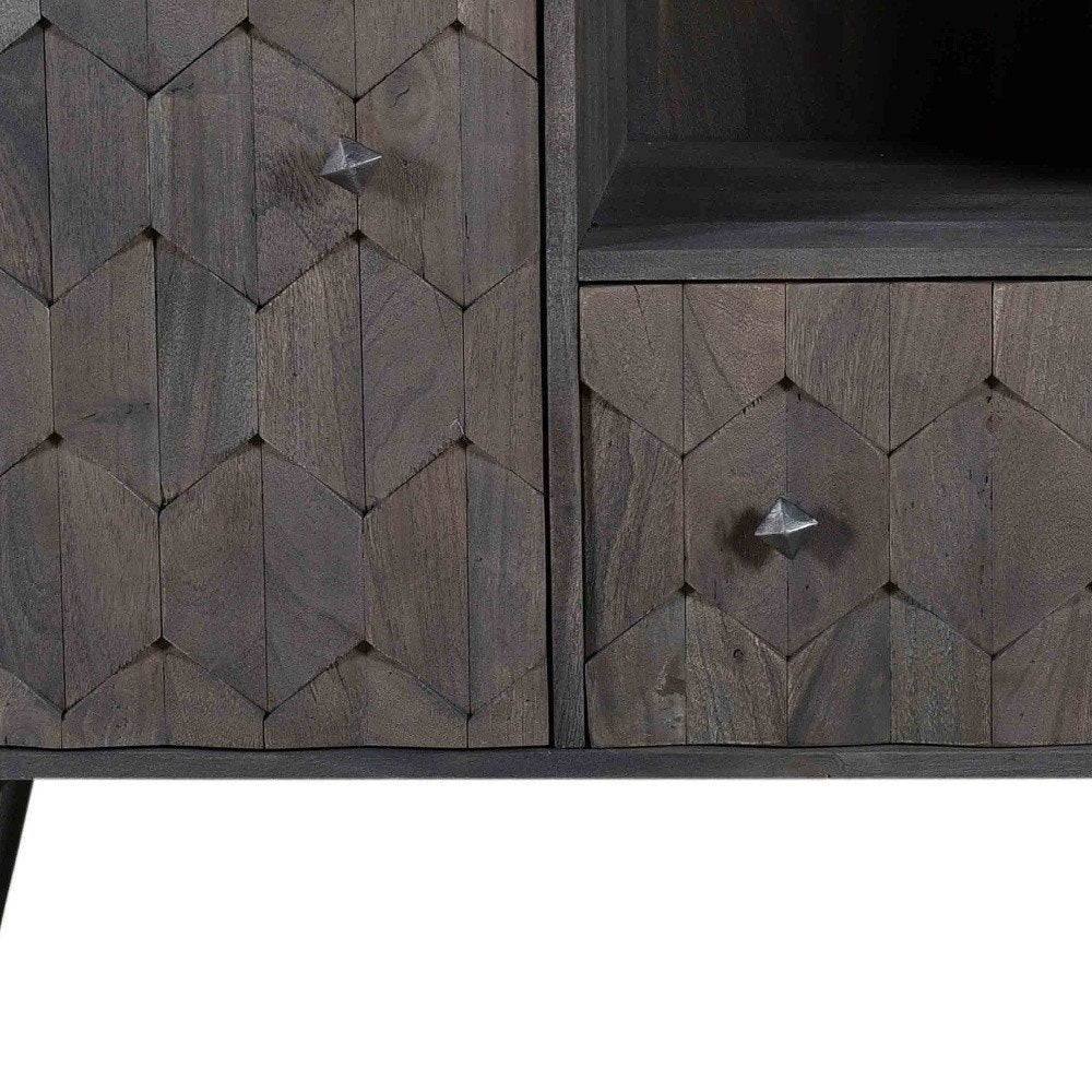 Dark Gray Carved Geometric Distressed Solid Wood Enclosed and Open Storage TV Stand