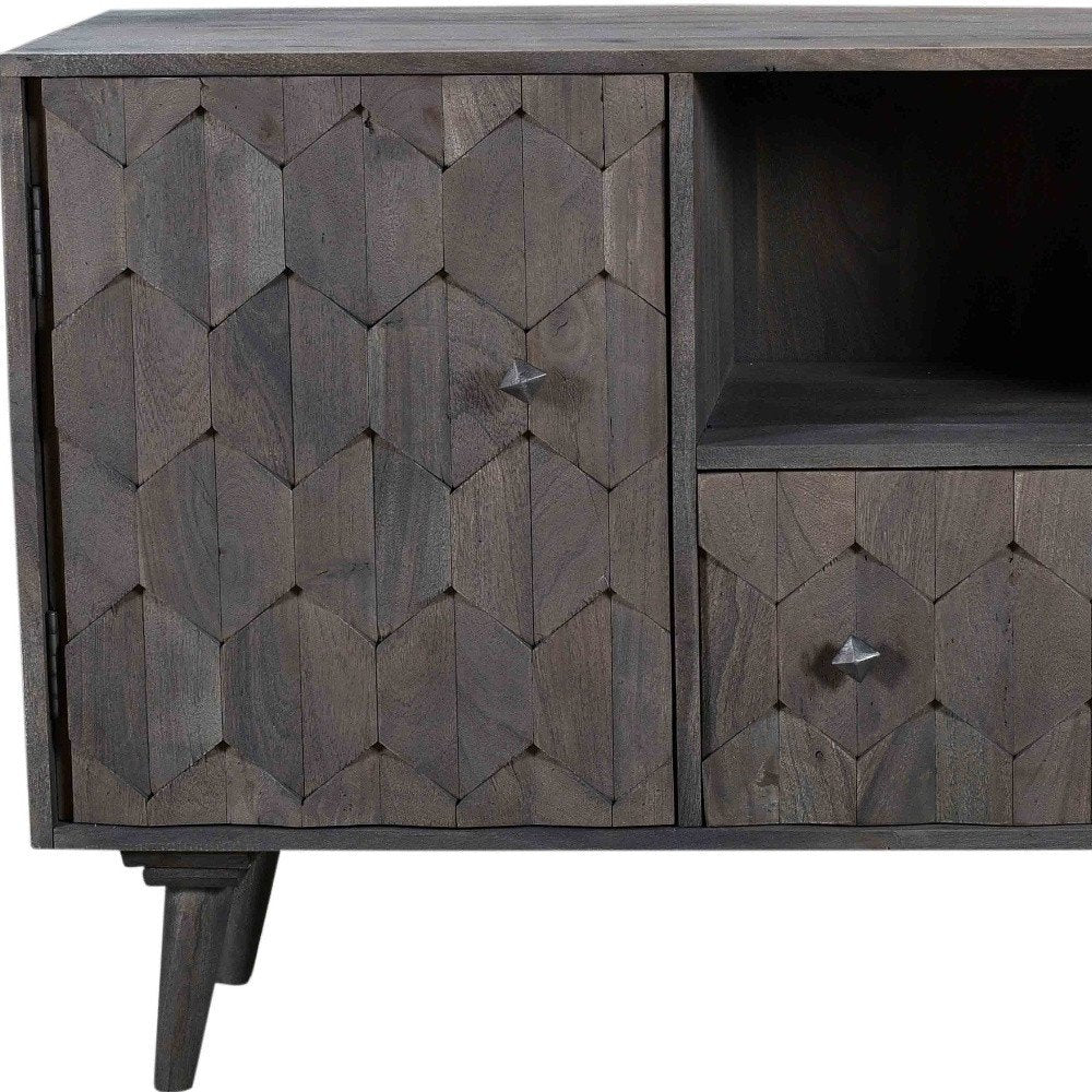 Dark Gray Carved Geometric Distressed Solid Wood Enclosed and Open Storage TV Stand