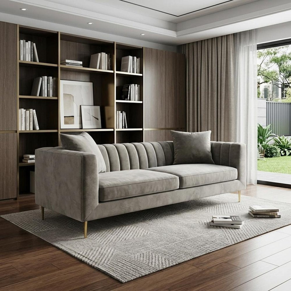 Gray Brown Velvet Sofa and Toss Pillows with Gold Legs - 90-inch