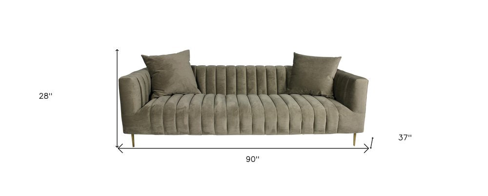 Gray Brown Velvet Sofa and Toss Pillows with Gold Legs - 90-inch