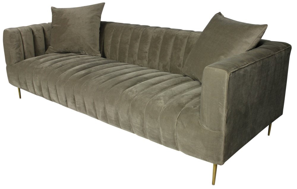 Gray Brown Velvet Sofa and Toss Pillows with Gold Legs - 90-inch