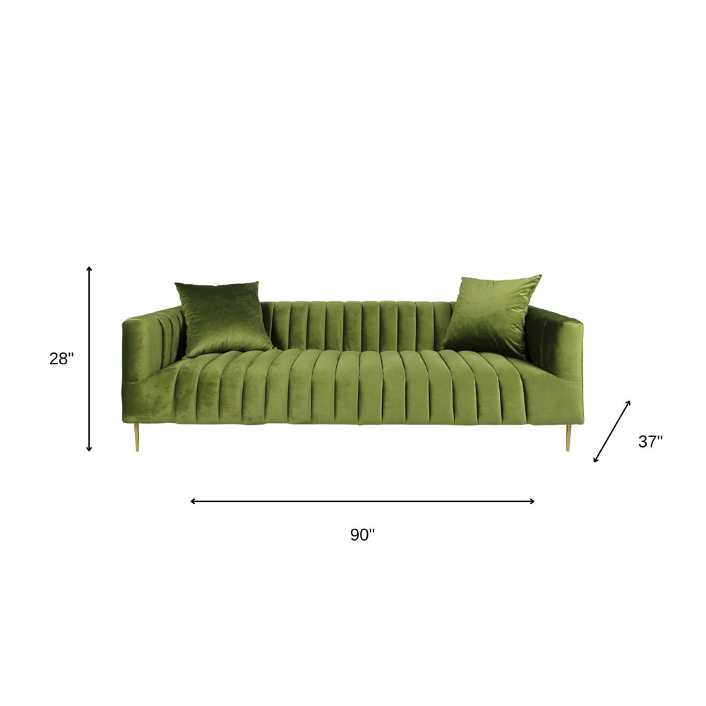 Olive Green Velvet Sofa and Toss Pillows with Gold Legs - 90-inch