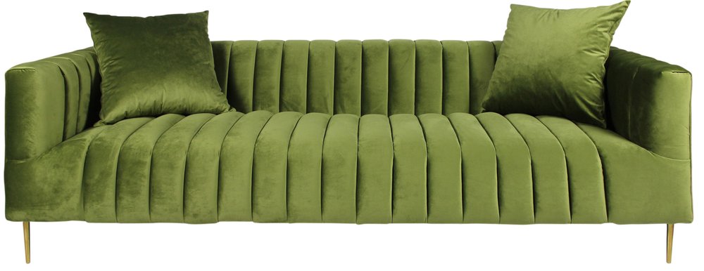 Olive Green Velvet Sofa and Toss Pillows with Gold Legs - 90-inch