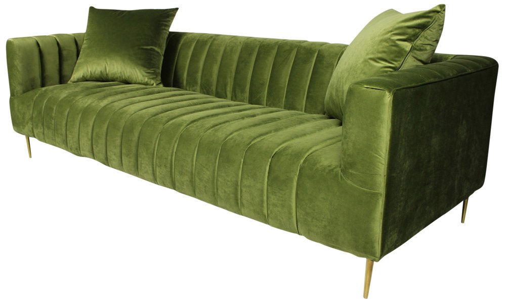Olive Green Velvet Sofa and Toss Pillows with Gold Legs - 90-inch