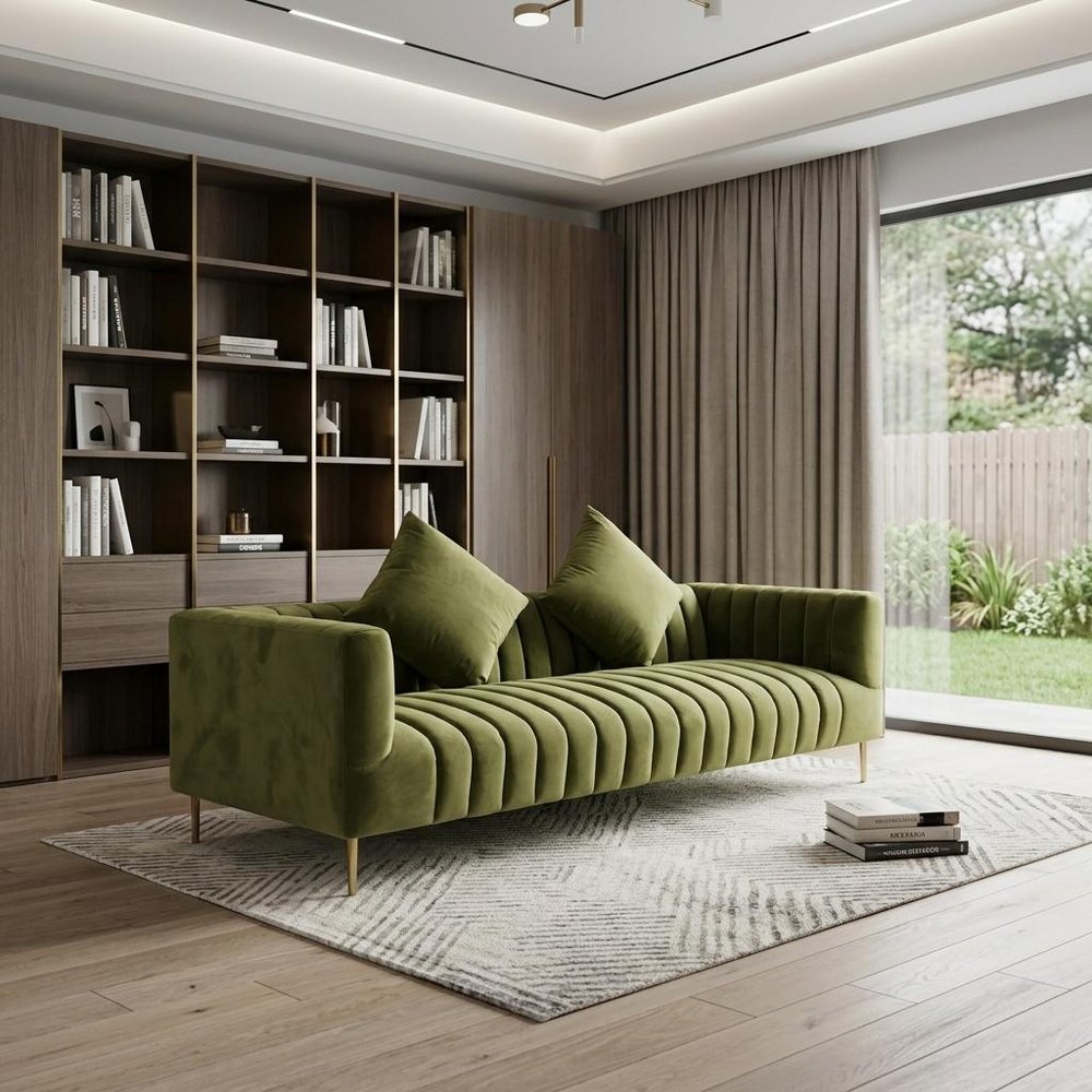 Olive Green Velvet Sofa and Toss Pillows with Gold Legs - 90-inch