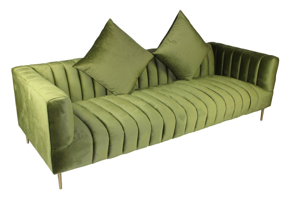 Olive Green Velvet Sofa and Toss Pillows with Gold Legs - 90-inch