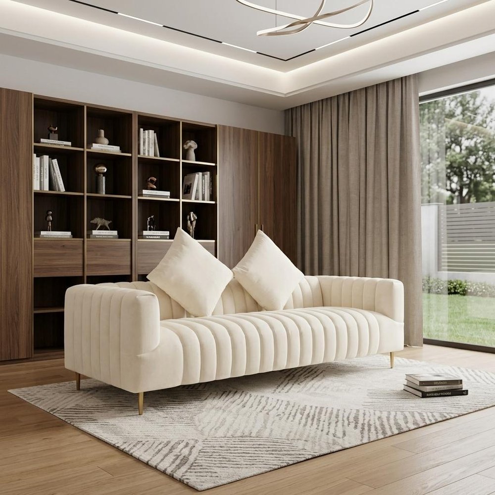 Ivory Velvet Sofa and Toss Pillows with Gold Legs - 90-inch