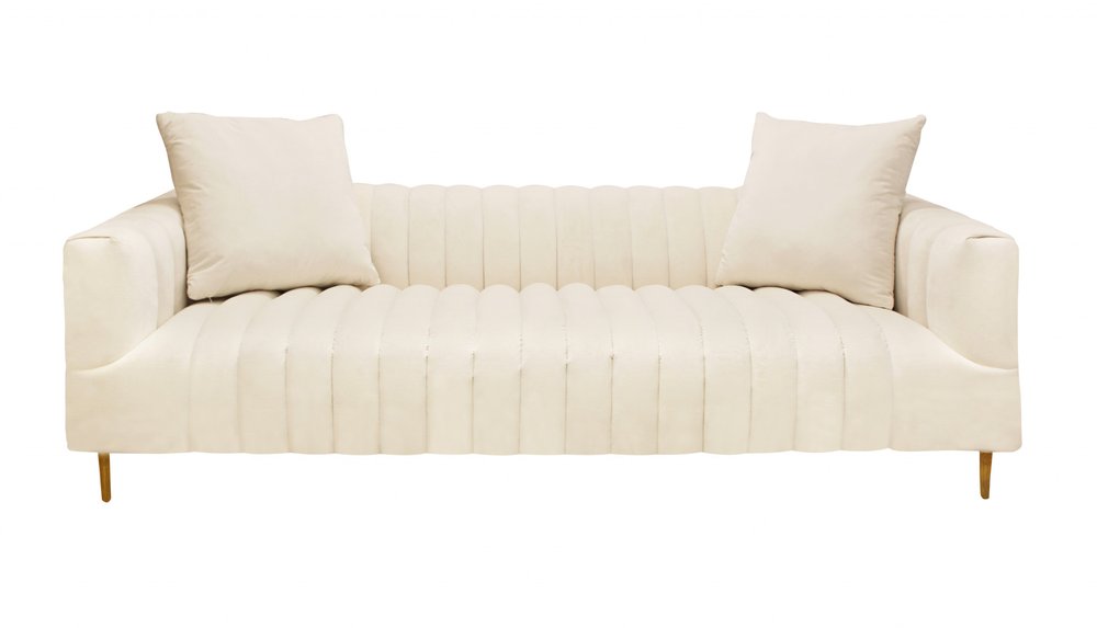 Ivory Velvet Sofa and Toss Pillows with Gold Legs - 90-inch