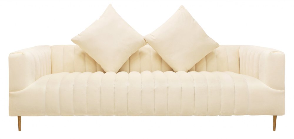 Ivory Velvet Sofa and Toss Pillows with Gold Legs - 90-inch