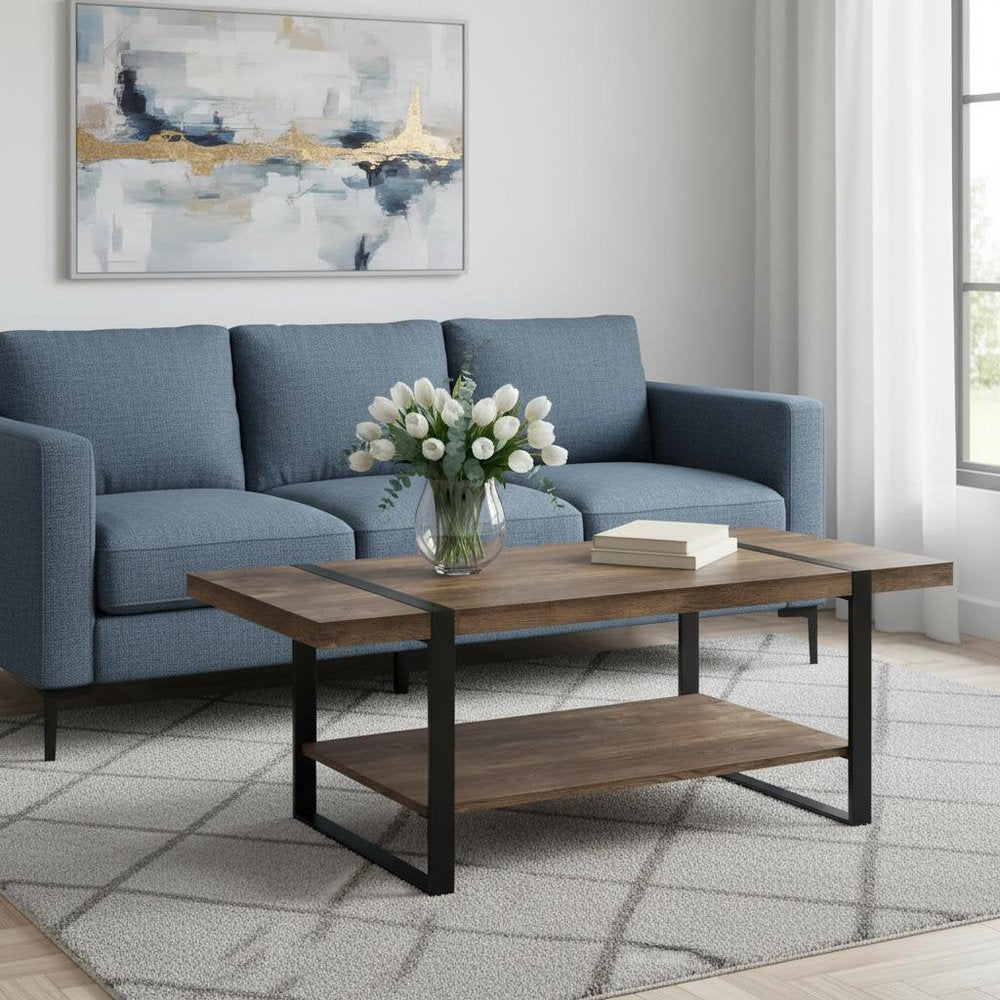 Brown and Black Wood Coffee Table with Shelf - 47-inch