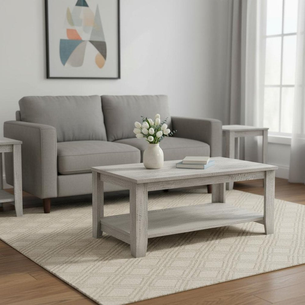 Set of Three 42 Gray Rectangular Coffee Table with Three Shelves