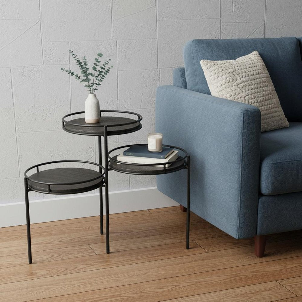 Black Solid Wood and Iron Round End Table - 23-inch