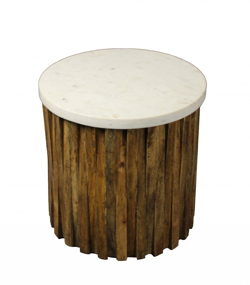 Brown and Ivory Marble and Solid Wood Round End Table - 20-inch
