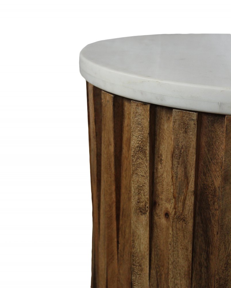 Brown and Ivory Marble and Solid Wood Round End Table - 20-inch