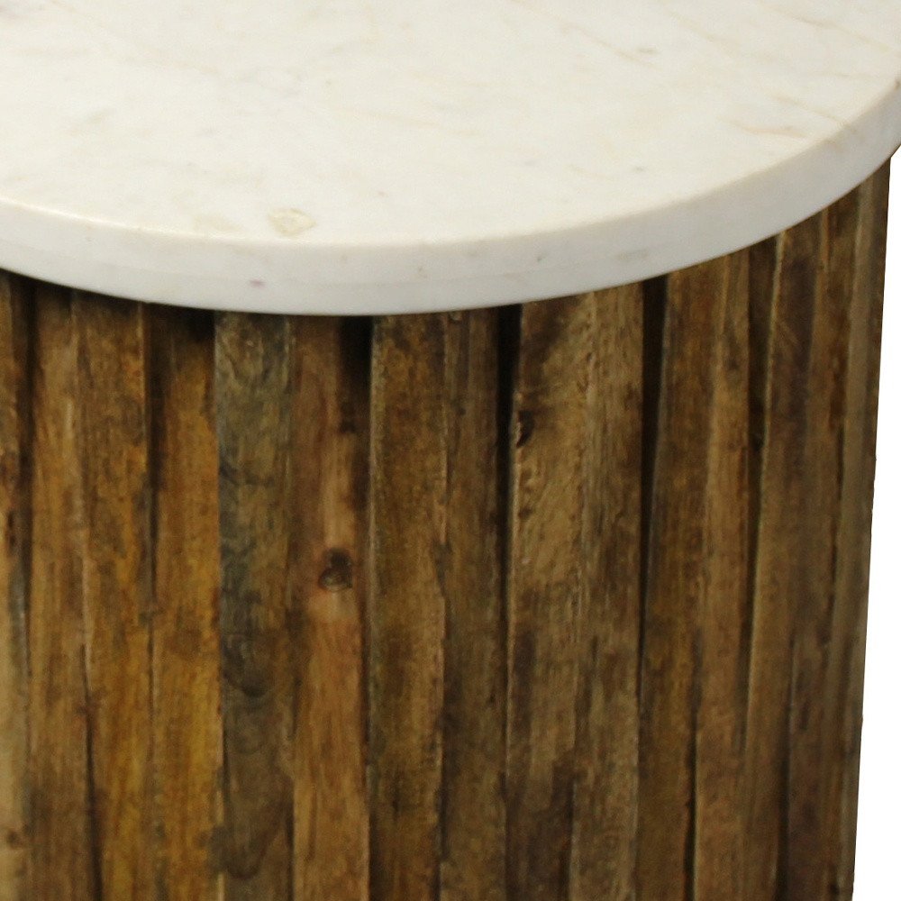 Brown and Ivory Marble and Solid Wood Round End Table - 20-inch