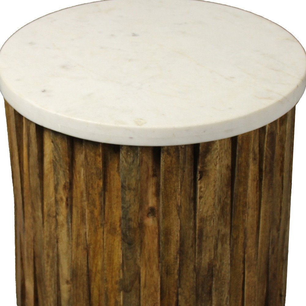 Brown and Ivory Marble and Solid Wood Round End Table - 20-inch
