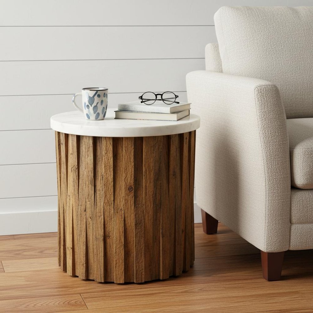 Brown and Ivory Marble and Solid Wood Round End Table - 20-inch