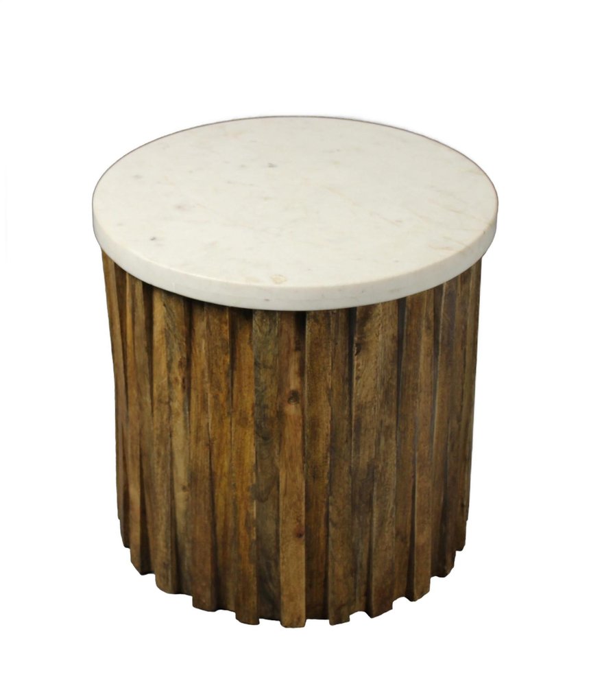 Brown and Ivory Marble and Solid Wood Round End Table - 20-inch
