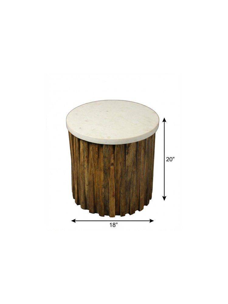 Brown and Ivory Marble and Solid Wood Round End Table - 20-inch