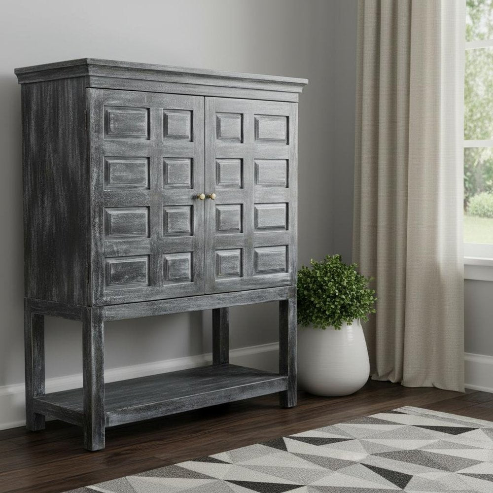 Distressed Wash Dark Gray Solid Wood Two Door Accent Cabinet - 40-inch
