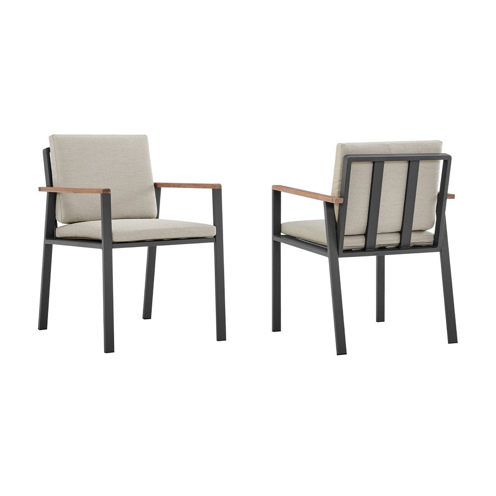 Set of Two 22 Light Gray Solid Wood Outdoor Dining Chair with Taupe Cushion