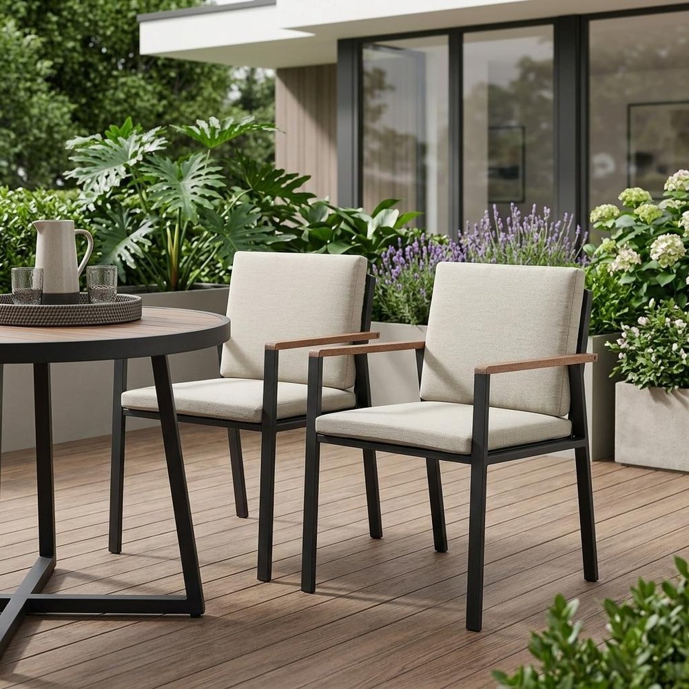 Set of Two 22 Light Gray Solid Wood Outdoor Dining Chair with Taupe Cushion