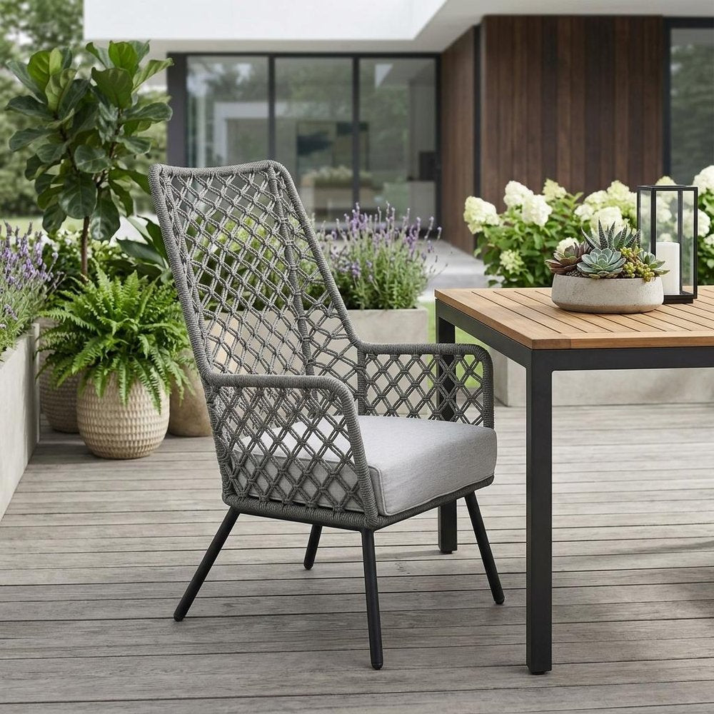 Gray and Black Steel Indoor Outdoor Dining Chair with Gray Cushion