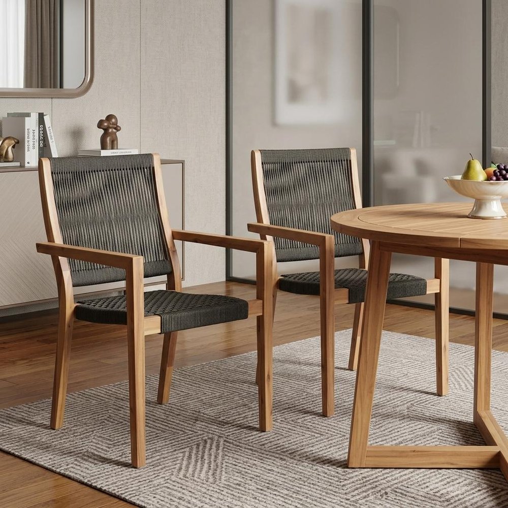 Set of Two 23 Charcoal and Natural Wood Solid Wood Outdoor Arm Chair