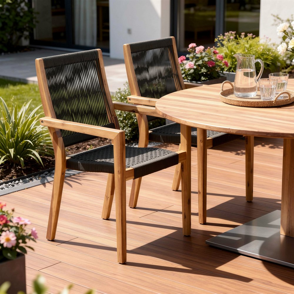 Set of Two 23 Charcoal and Natural Wood Solid Wood Outdoor Arm Chair