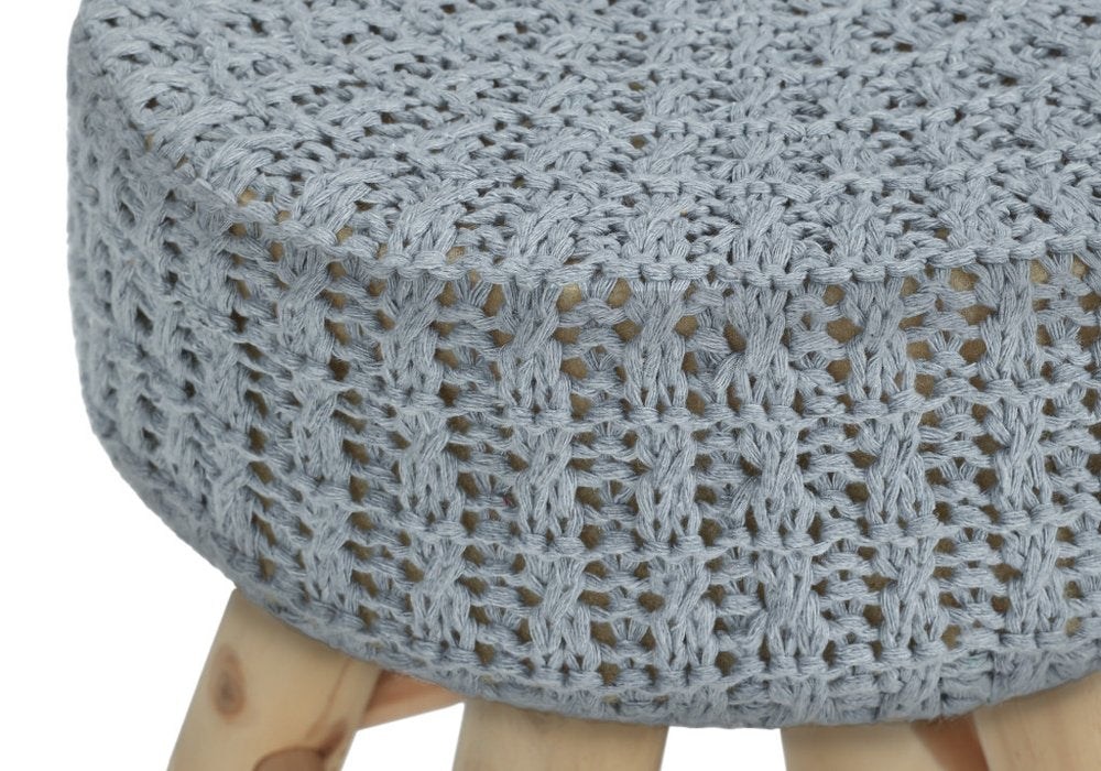 Gray Fabric and Natural Round Ottoman - 12-inch