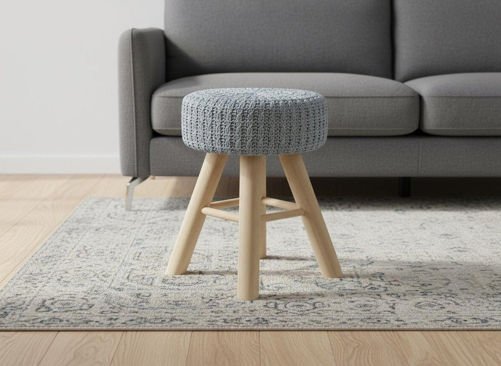 Gray Fabric and Natural Round Ottoman - 12-inch