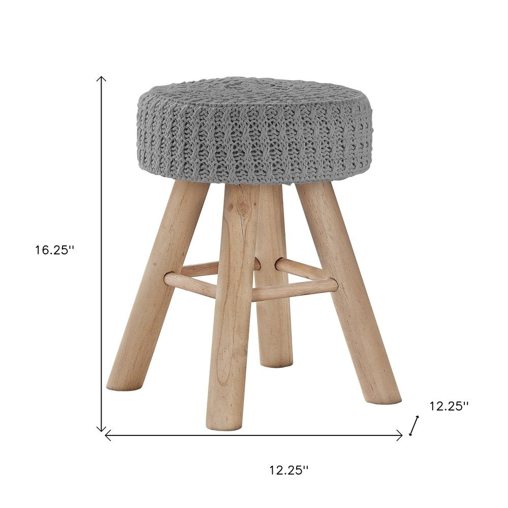Gray Fabric and Natural Round Ottoman - 12-inch