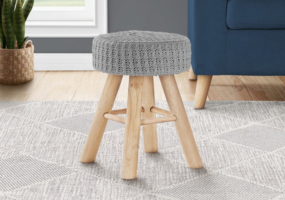 Gray Fabric and Natural Round Ottoman - 12-inch