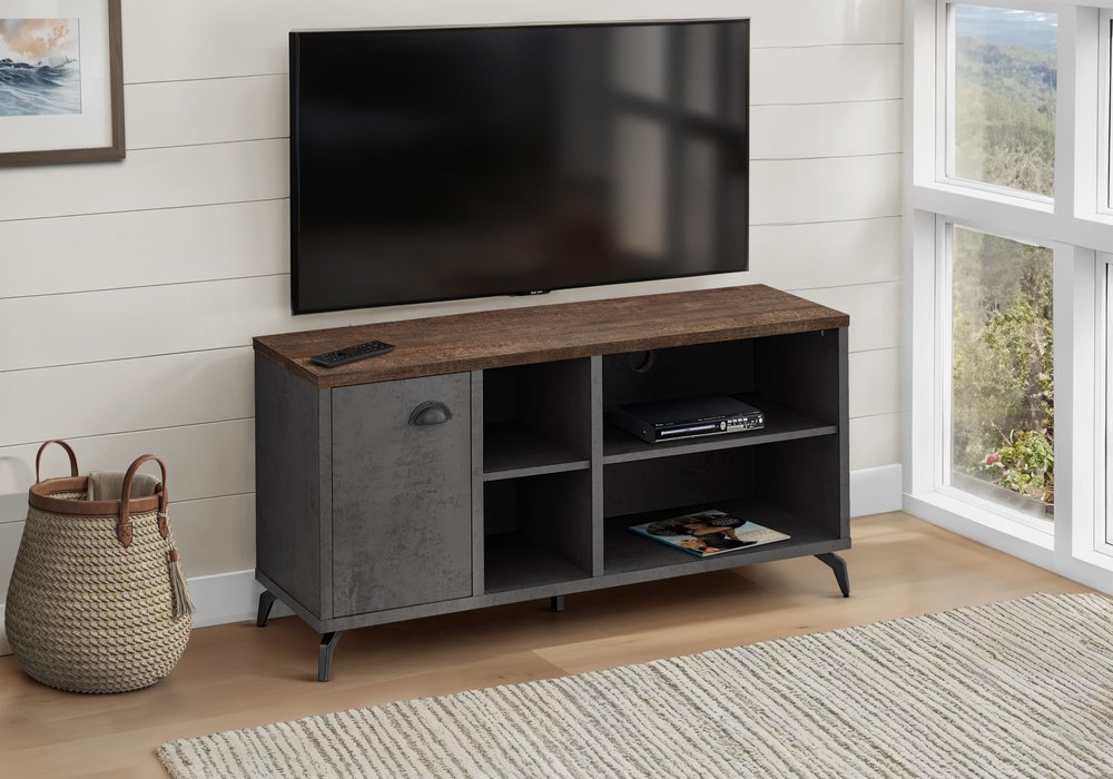 Brown and Gray Distressed Reclaimed Wood Enclosed and Open Storage TV Stand