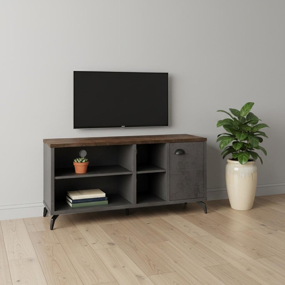 Brown and Gray Distressed Reclaimed Wood Enclosed and Open Storage TV Stand
