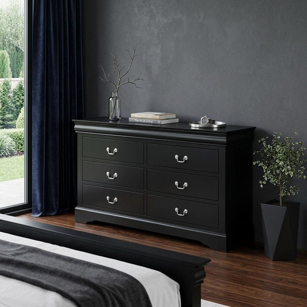 Black Solid and Manufactured Wood Six Drawer Double Dresser - 60-inch