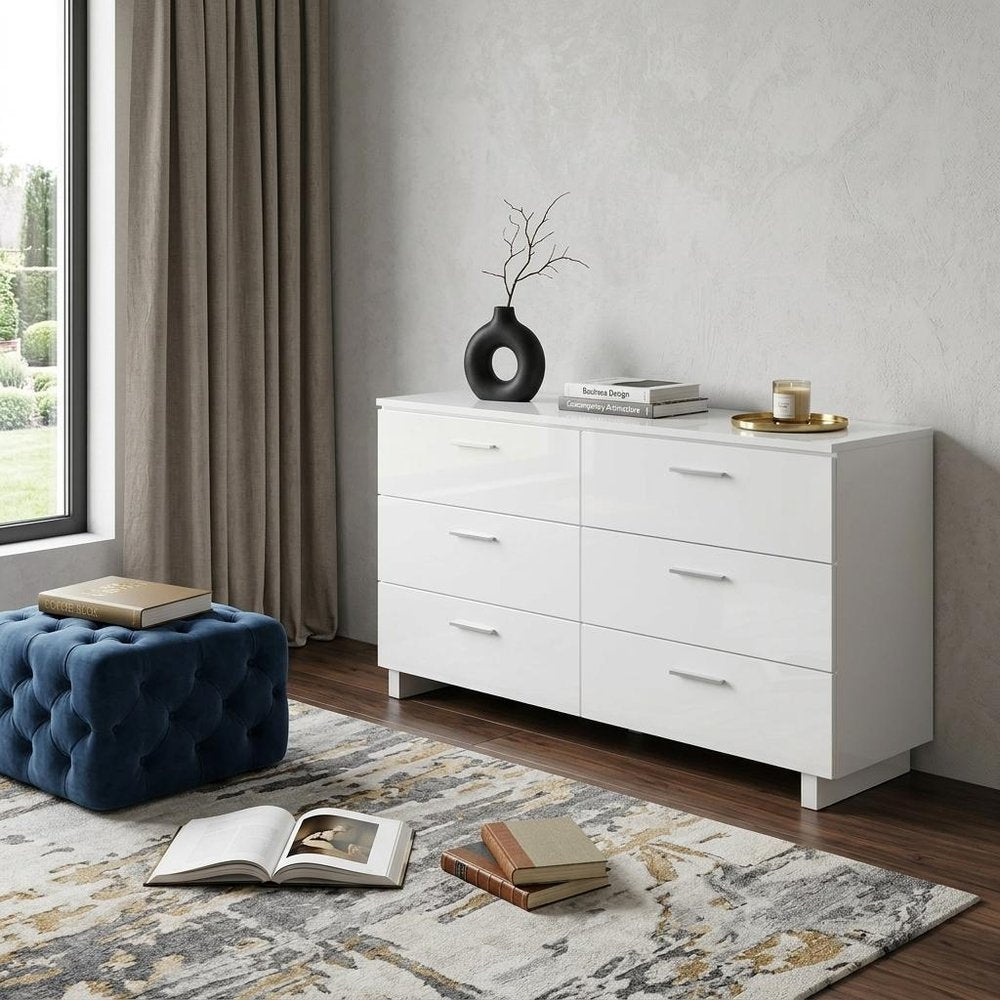 White Wood Six Drawer Double Dresser - 63-inch
