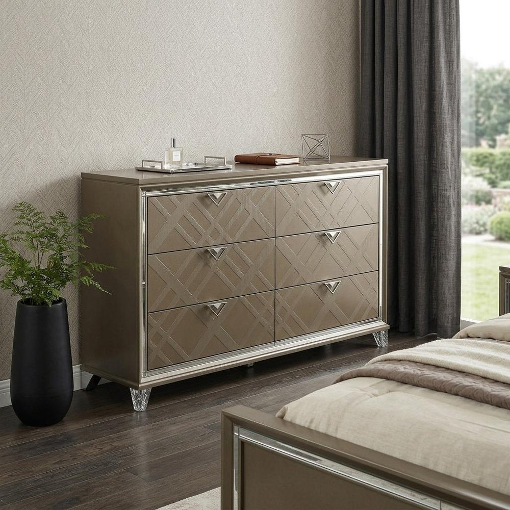 Champagne Solid and Manufactured Wood Six Drawer Double Dresser - 66-inch