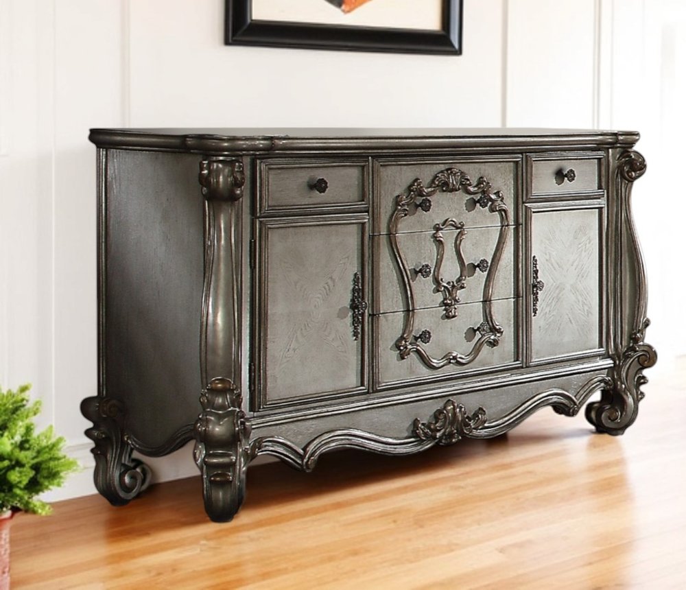 Platinum Carved Scrollwork Wood and Polyresin Five Drawer Triple Dresser