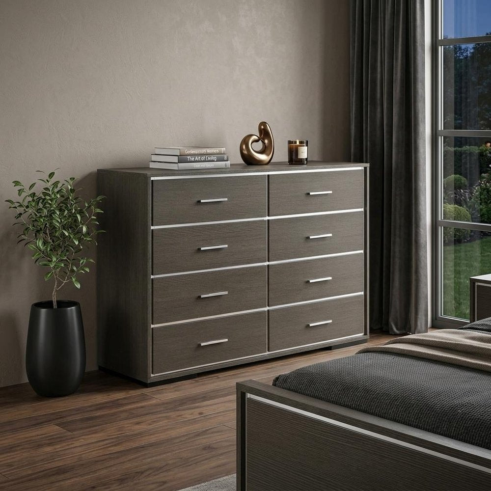 Gray Solid and Manufactured Wood Eight Drawer Double Dresser - 57-inch