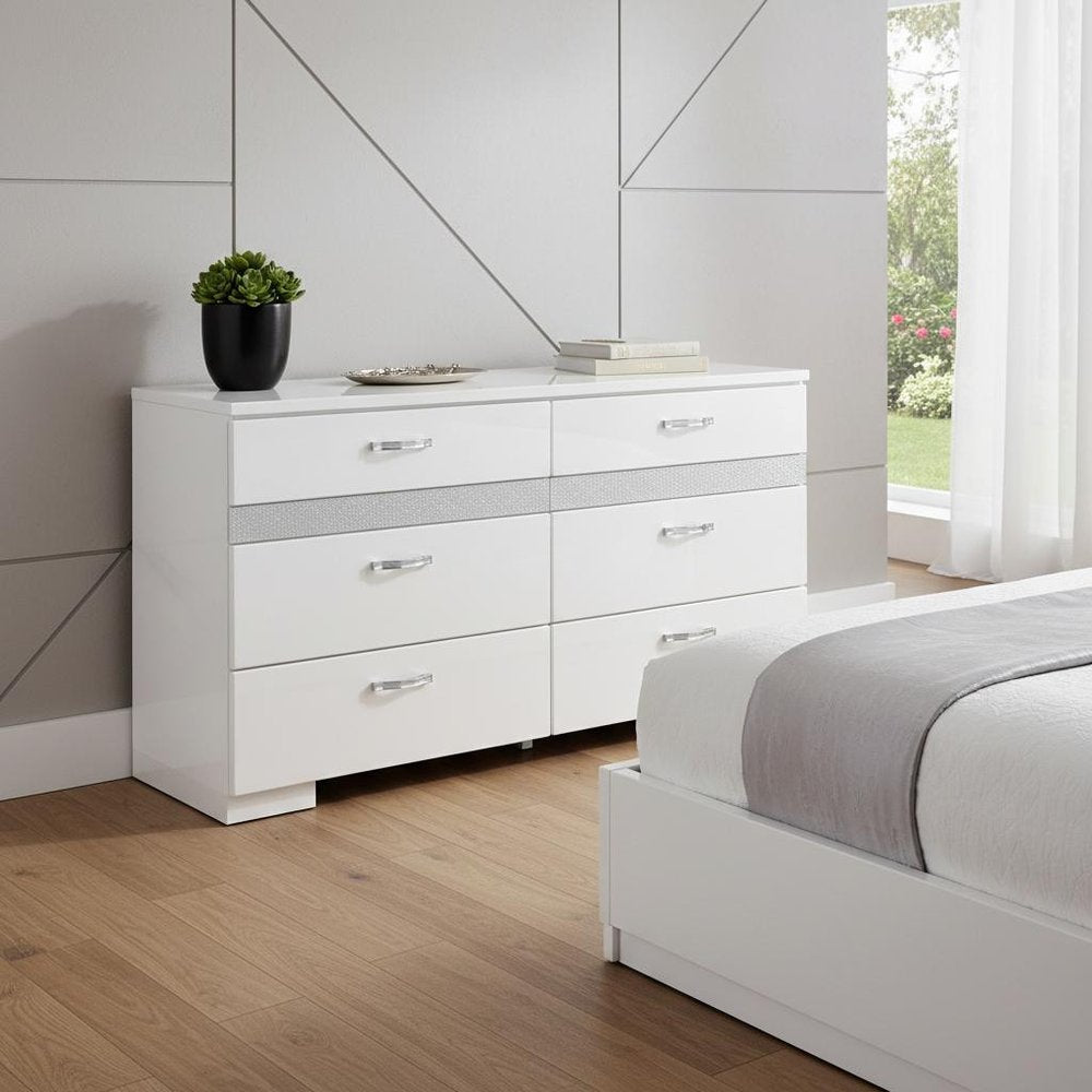 White High Gloss Manufactured Wood Eight Drawer Double Dresser - 63-inch
