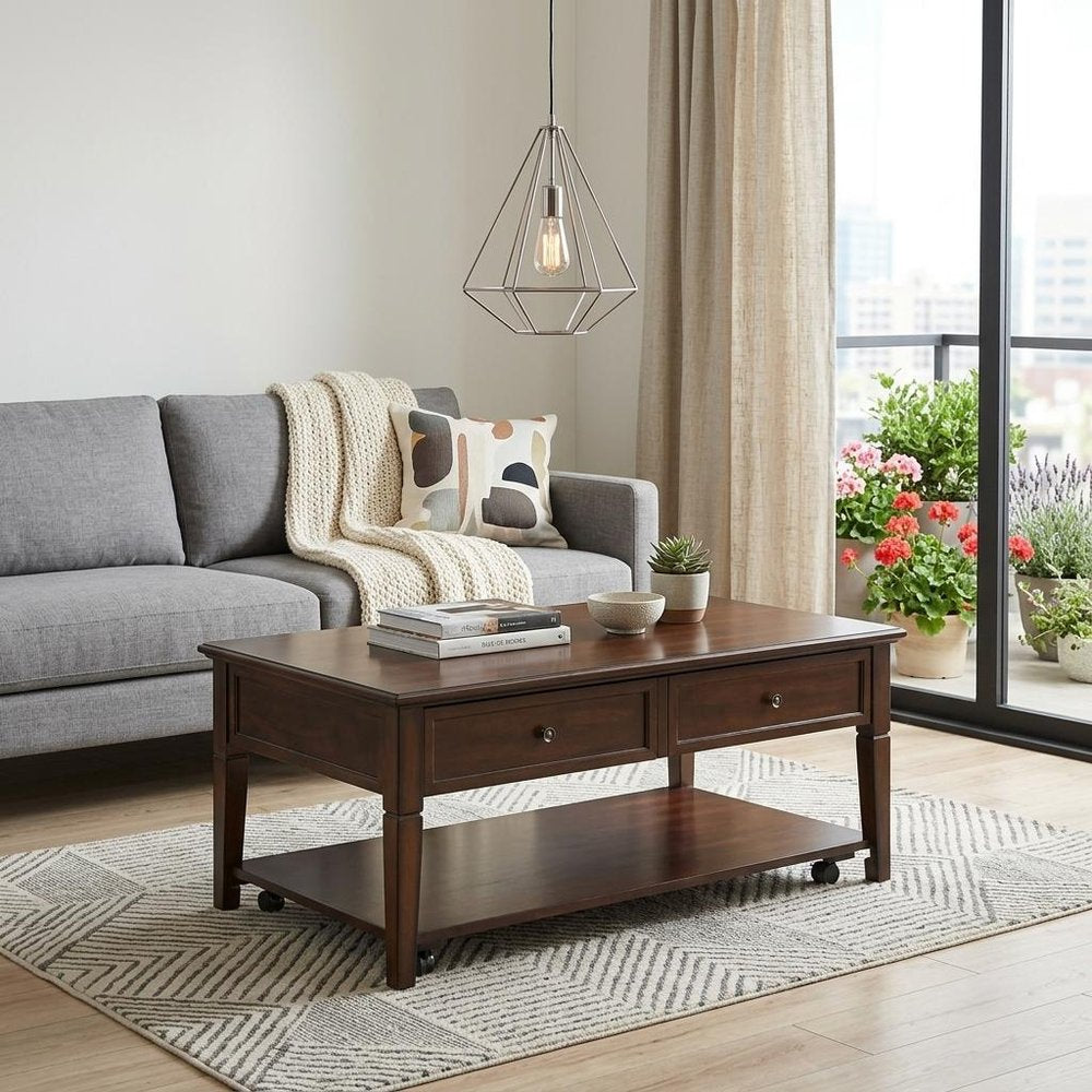 Brown Wood Lift Top Coffee Table with Shelf - 48-inch