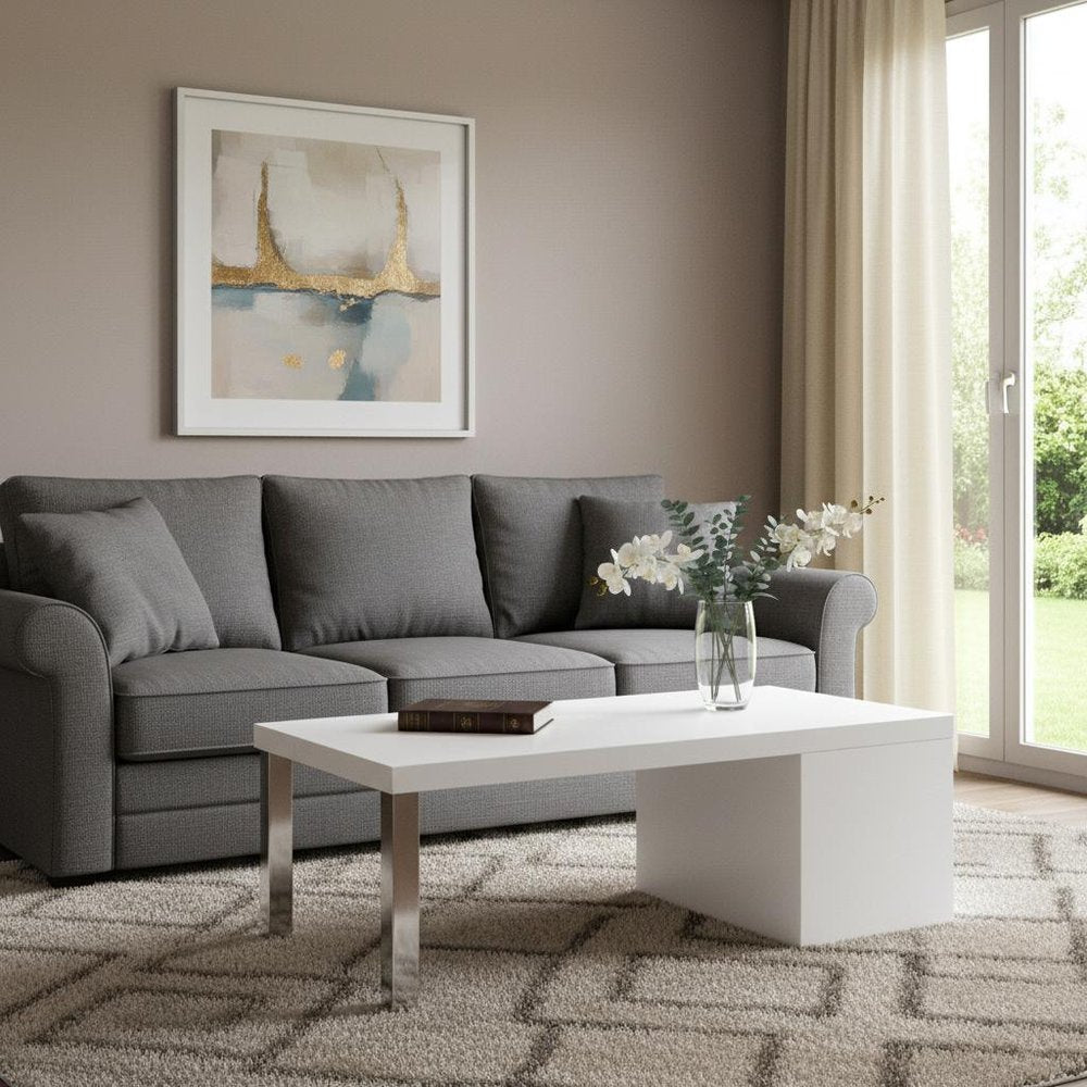 White and Silver Wood and Metal Frame Coffee Table with Shelf